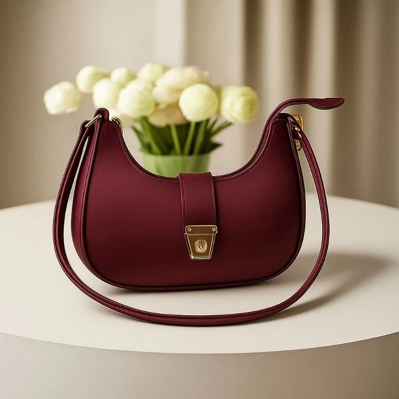 Crescent Luxury Faux Leather Shoulder Bag | Maroon Elegant Handbag for Women