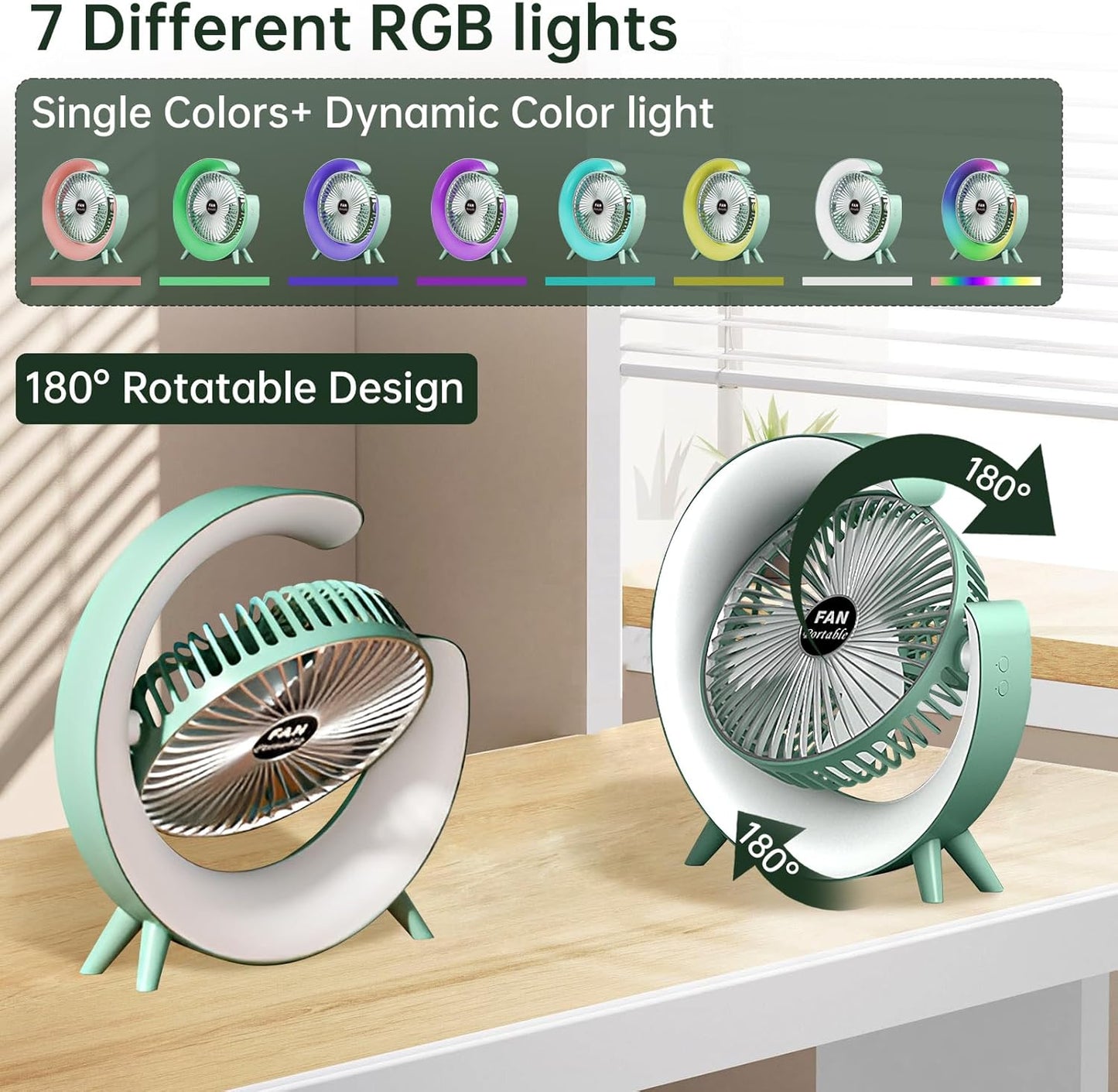 Colorful USB Rechargeable Desktop Fan | Silent Cooling, LED Ambient Light, 3-Speed Rotation