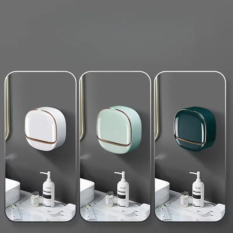 Self-Adhesive Wall-Mounted Luxury Soap Holder with Lid and Drainage Tray | Milky & Light Green