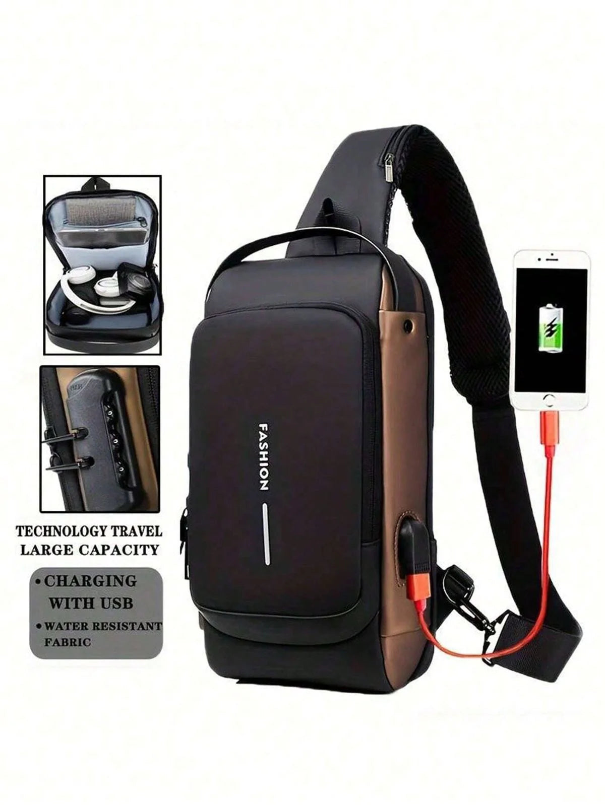 Blue & Brown | Multifunction Anti-Theft USB Charging Crossbody Shoulder Bag | Stylish, Secure, and Ready for Adventures