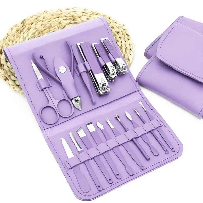 16 Pcs Stainless Steel Manicure & Pedicure Set | Travel Grooming Kit with Leather Case